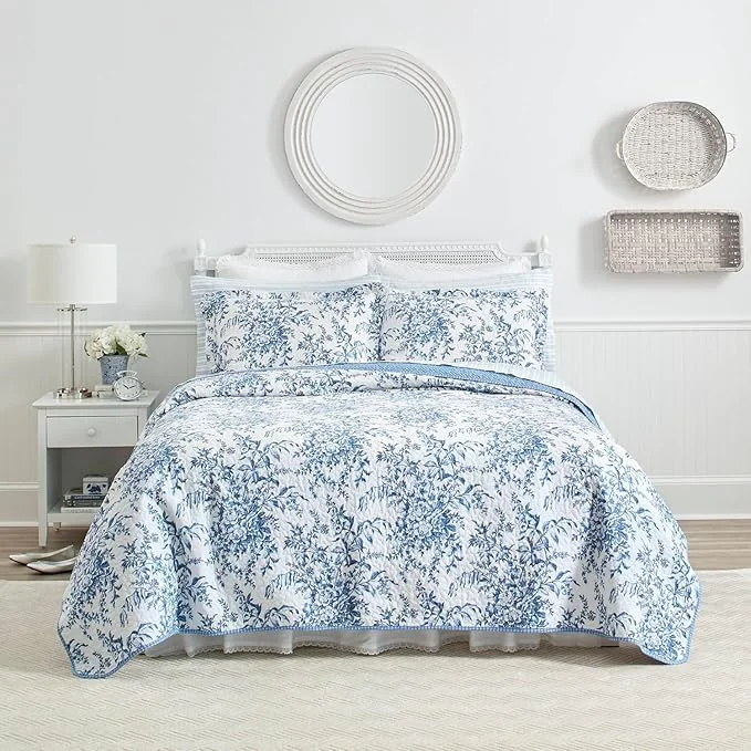 Eco-Friendly Laura Ashley Home - Bedford Collection - Luxury Premium Ultra Soft Quilt Set Comfortable amp Stylish All Season Bedding King Delft Unique