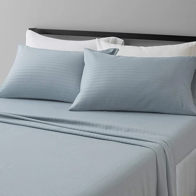 Pure Amazon Basics Deluxe Microfiber Bed Sheets Full Size 4-Piece Spa Blue Striped Original Design