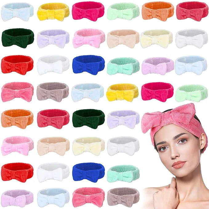 Minimalist Yinder 40 Pack Bow Spa Headband Coral Fleece Makeup Headband Soft Face Wash Breathable