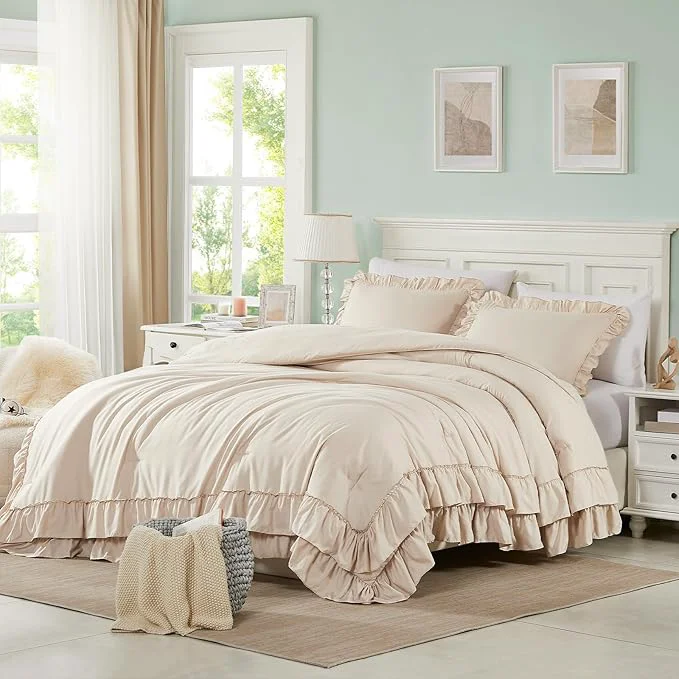 Reliable Cupocupa Beige Queen Comforter Set 3Pcs Comforters Ruffle Farmhouse Bedding Sets Queen with Comforter Lightweight Soft Shabby Chic Bedding Comforter Set Fluffy for All Season Official