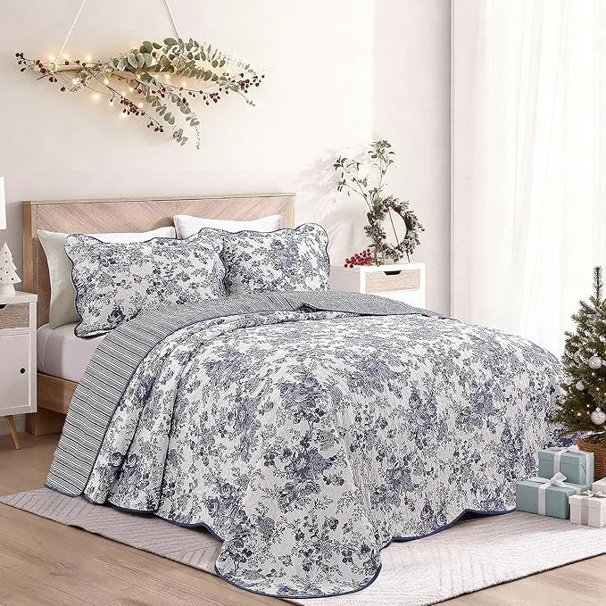 Functional Wonderful Cotton Blue Floral Bedspread Set Full Size Quilt Bedding Sets with Pillow Shams 3 Pieces Botanical Coverlet Set Quilted Blanket Bed Cover for All Season 96 quot x110 quot Artisan