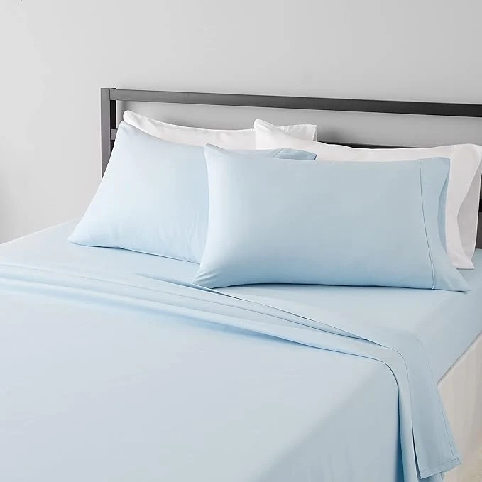 Dependable Amazon Basics Lightweight Breathable Super Soft Easy Care Brushed Microfiber 4-Piece Bed Sheet Set with 14-Inch Deep Pockets Wrinkle Resistant Queen Light Blue Solid Secure