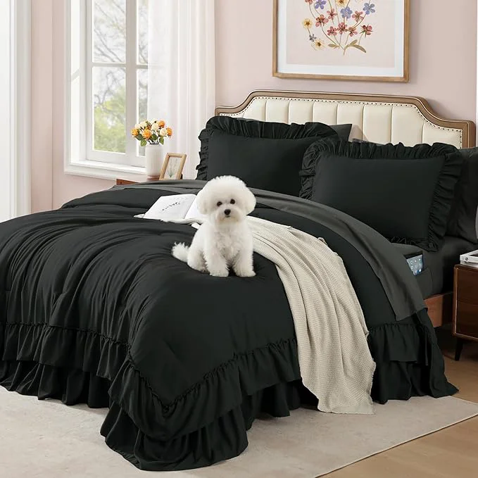 Expertly Made Queen Comforter Set Black Ruffle Shabby Chic Bedding Set Farmhouse 7 Pieces All Season Fluffy Bed in a Bag with Sheets Pillowcases amp Shams Versatile