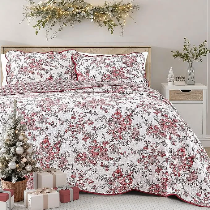 Verified Wonderful Cotton Red Floral Bedspread Set Full Size Quilt Bedding Sets with Pillow Shams 3 Pieces Botanical Coverlet Set Quilted Blanket Bed Cover for All Season 96 quot x110 quot Next-Generation