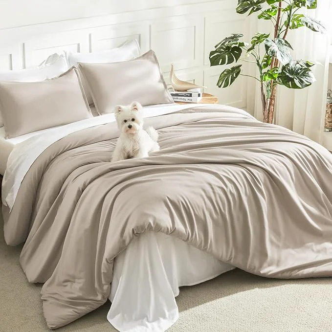 High-End Litanika Oatmeal Comforter Queen Size 3 Pieces Lightweight Solid Bedding Comforter Set All Season Fluffy Bed Set 90x90In Comforter amp 2 Pillowcases Enhanced