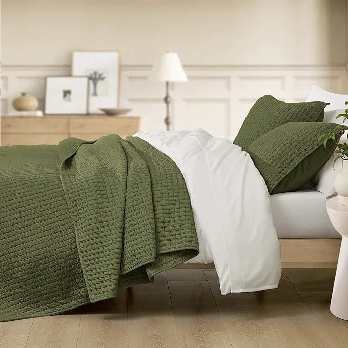 Sustainable Wonderful Cotton Blended Jersey Knit King Quilt Stitch Bedding Heather Olive Green Quilt with 2 Pillow Shams Cloud Cloverlet Soft Bedspread All-Season Use 104 quot x94 quot High-Performance