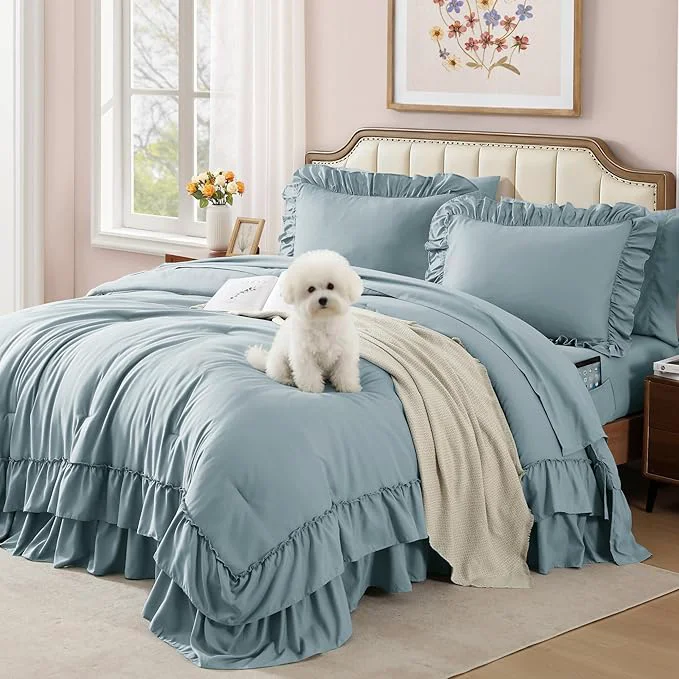 Enhanced Queen Comforter Set Dusty Blue Ruffle Shabby Chic Bedding Set Farmhouse 7 Pieces All Season Fluffy Bed in a Bag with Sheets Pillowcases amp Shams Traditional