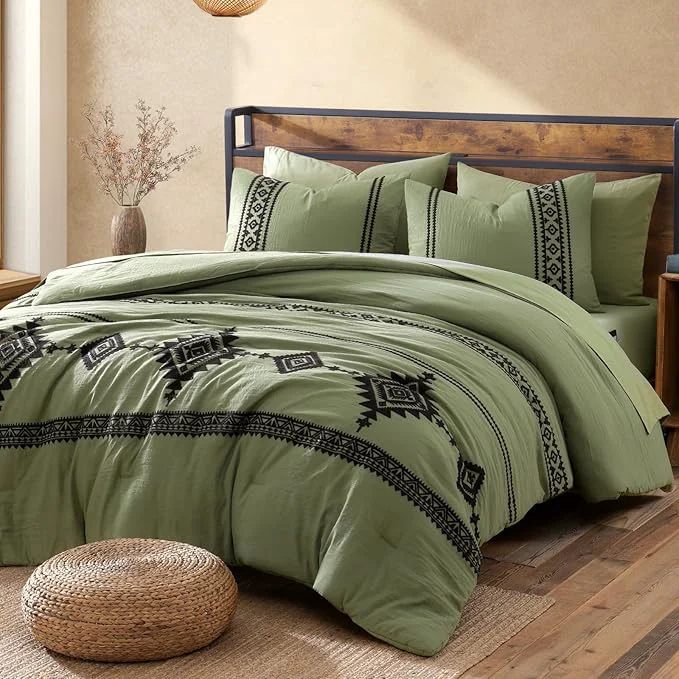 First-Class MaiRêve Embroidery King Size Comforter Set Light Olive Green Farmhouse Western Boho Bedding Set 7 Pieces All Season Bed in A Bag Comforter Set with Sheets Pillowcases amp Shams Genuine