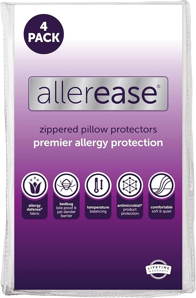 Long-Lasting Set of 4 Standard Queen AllerEase Pillow Protectors - Temperature Balancing Allergist - Premium Breathable Zippered Protectors Contemporary