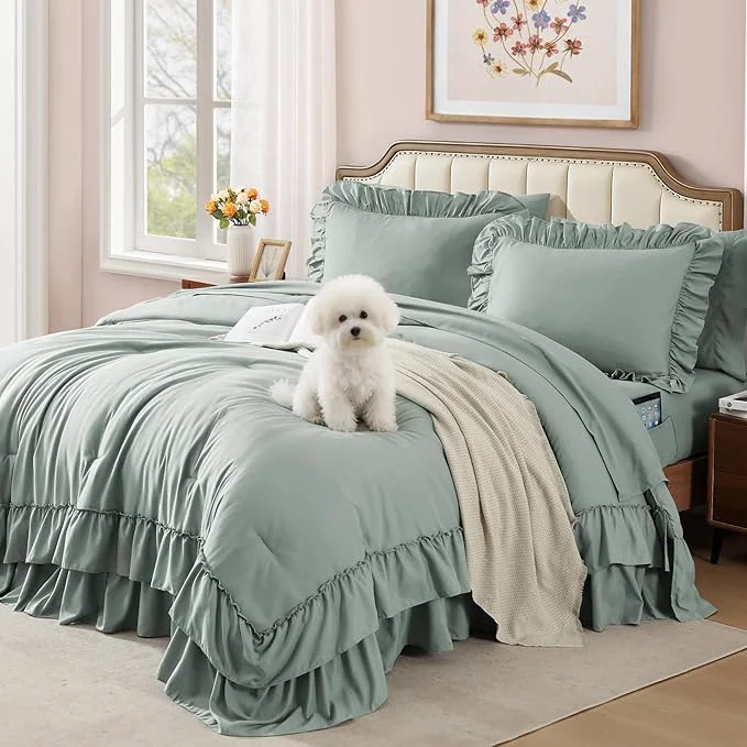 Carefully Designed King Size Comforter Set Sage Green Ruffle Shabby Chic Bedding Set Farmhouse 7 Pieces All Season Fluffy Bed in a Bag with Sheets Pillowcases amp Shams Pure
