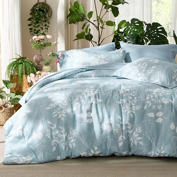 Lightweight Bedsure Sky Blue King Comforter Set - 7 Pieces Floral Bedding Sets King Bed in a Bag with Reversible Botanical Flowers Comforter Sheets Pillowcases amp Shams Sustainable
