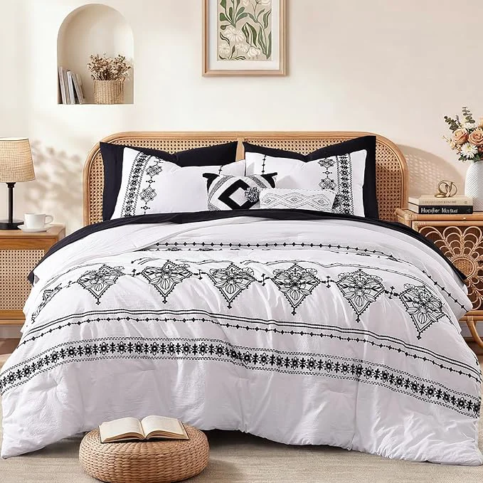 Detailed MaiRêve Queen Size Comforter Set Frost White Embroidery Floral Western Boho Bedding Set All Season 7 Pieces Bed in a Bag with Sheets Pillowcases amp Shams First-Class