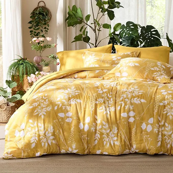 Specialty Bedsure King Size Comforter Set - 7 Pieces Floral Yellow Soft Bedding Sets King Bed in a Bag with Botanical Flowers Comforter Sheets Pillowcases amp Shams Consistent