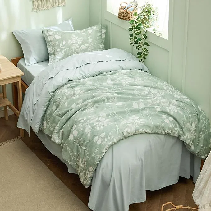 Detailed Bedsure Sage Green Twin XL Comforter Set - 5 Pieces Floral Bedding Sets Twin XL Bed in a Bag with Reversible Botanical Flowers Comforter Sheets Pillowcase amp Sham Minimalist