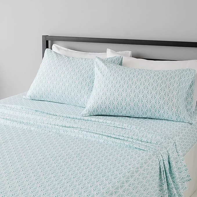 Contemporary Amazon Basics Lightweight Breathable Brushed Microfiber 4-Piece Bed Sheet Set with 14-Inch Deep Pockets Wrinkle Resistant Queen Aqua Fern Printed Organic