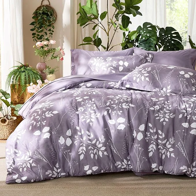 Stylish Bedsure Grayish Purple Queen Comforter Set - 7 Pieces Floral Bedding Sets Queen Bed in a Bag with Reversible Botanical Flowers Comforter Sheets Pillowcases amp Shams Functional