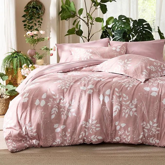 Verified Bedsure Rose Pink Full Comforter Set - 7 Pieces Floral Bedding Sets Full Bed in a Bag with Reversible Botanical Flowers Comforter Sheets Pillowcases amp Shams Professional