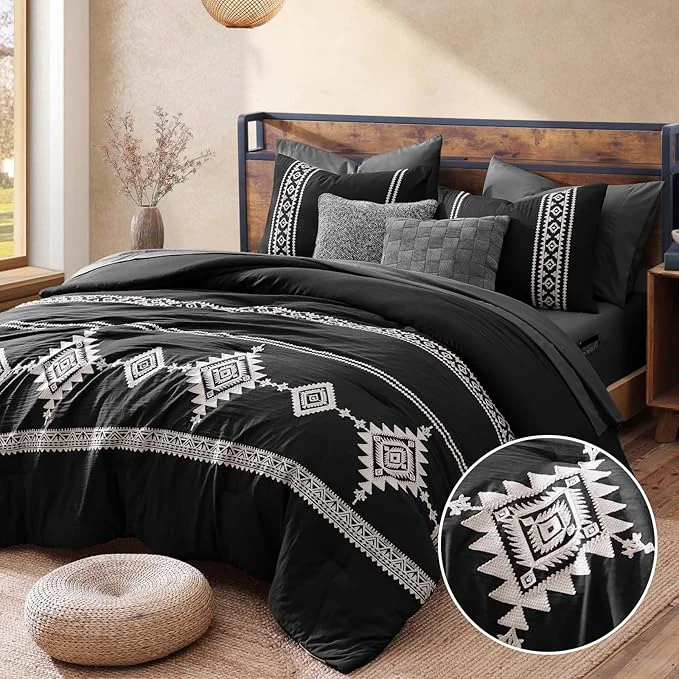 Professional MaiRêve Embroidery Comforter Set Boho Farmhouse Western Bedding Set All Season Bed in A Bag Comforter Set with Sheets Pillowcases amp Shams Black King 7 Pieces Breathable