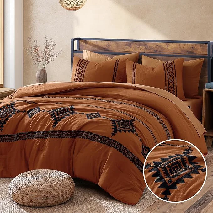 Official MaiRêve Super King Comforter Set Burnt Orange Embroidery Western Boho Bedding Set 7 Pieces All Season Farmhouse Bed in A Bag Comforter Set with Sheets Pillowcases amp Shams Traditional