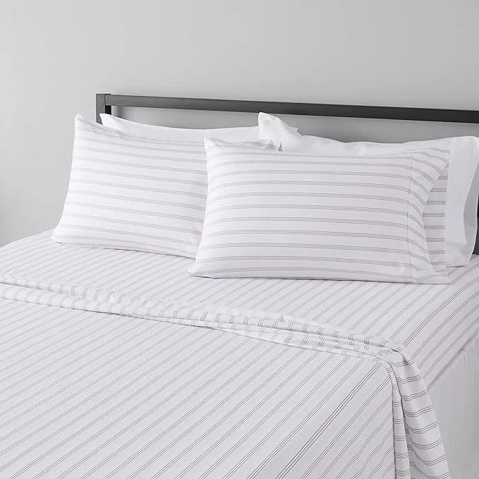 Safe Amazon Basics Lightweight Breathable Brushed Microfiber 4-Piece Bed Sheet Set Wrinkle Resistant with 14-Inch Deep Pockets Queen Taupe Stripe Refined