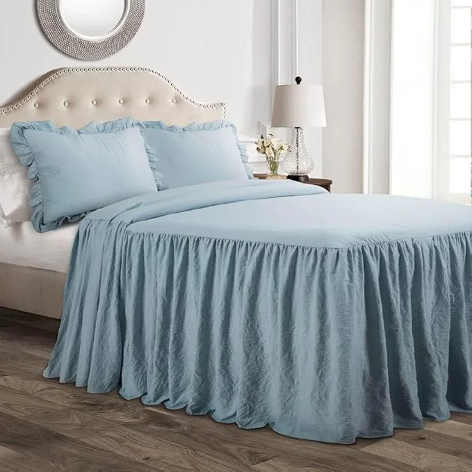 Breathable Lush Decor Ruffle Skirt Bedspread Set - 3-Piece Luxurious Farmhouse Bedding - Elegant Ruffle Detail - Timeless Style - Soft Lightweight Sheets - Queen Lake Blue Next-Generation