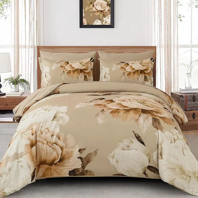 Outstanding Dobuyly Full Size Comforter Set 7 Piece Bed in a Bag Full Taupe Floral Printed on Khaki Fall Comforter Set with Sheets Soft Microfiber Farmhouse Complete Bedding Set for All Season Unique