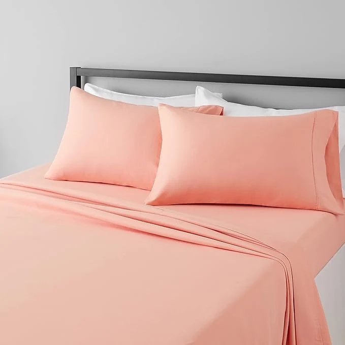 Reusable Amazon Basics Breathable Wrinkle Lightweight Microfiber 4-Piece Bed Sheet Set with 14-Inch Deep Pockets Includes Comfortable Pillowcases Queen Peachy Coral Solid Long-Lasting