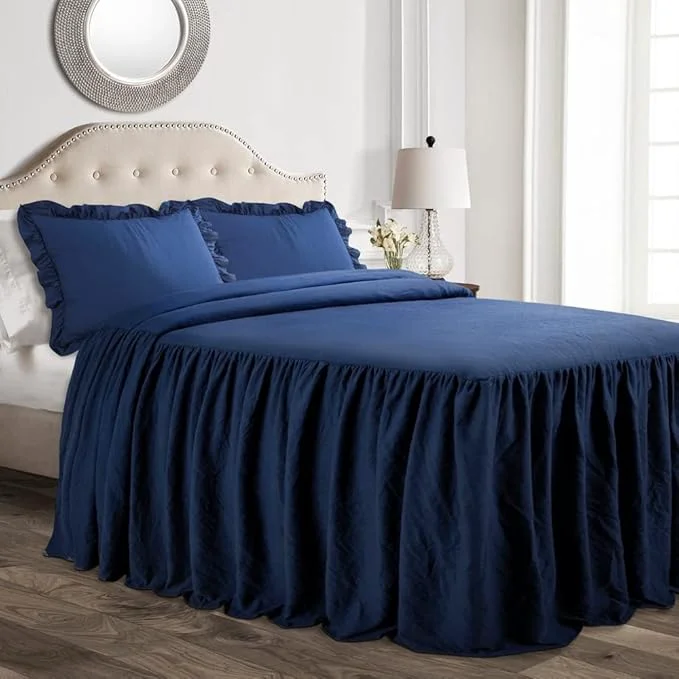 High-End Lush Decor Ruffle Skirt Bedspread Set - 3-Piece Luxurious Farmhouse Bedding - Elegant Ruffle Detail - Timeless Style - Soft Lightweight Sheets - Queen Navy