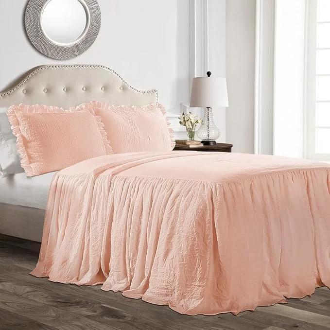 Pure Lush Decor Ruffle Skirt Bedspread Set - 2-Piece Luxurious Farmhouse Bedding - Elegant Ruffle Detail - Timeless Style - Soft Lightweight Sheets - Twin Blush Safe