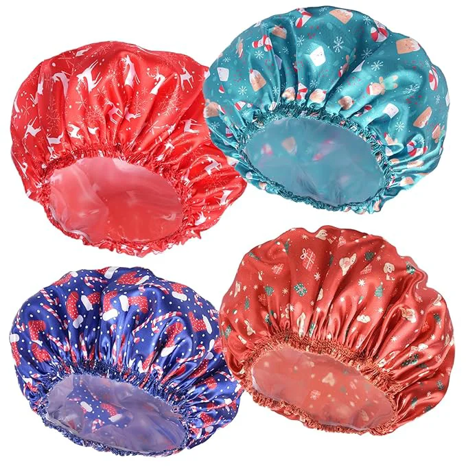 Soft 4 PCS Shower Cap for Women Elastic and Reusable Bath Caps Double Layers Comfortable
