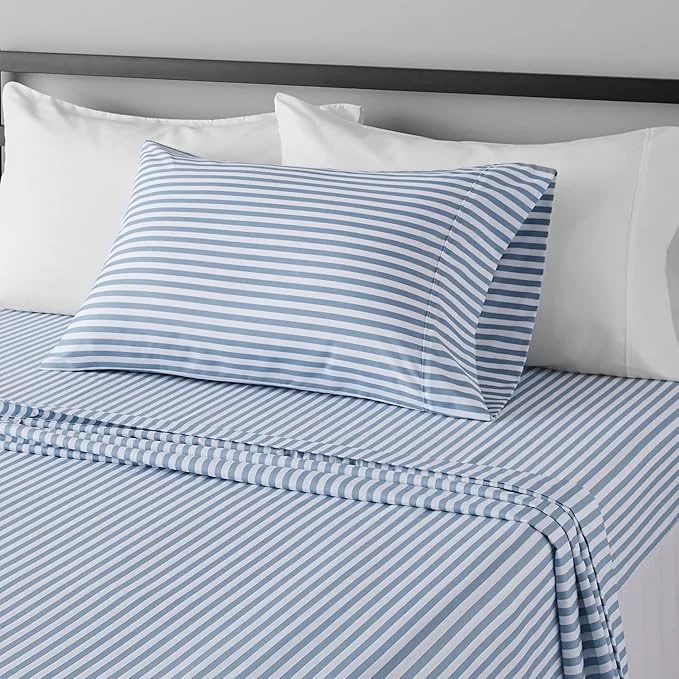 Versatile Amazon Basics Breathable Brushed Microfiber Wrinkle Resistant 3 Piece Bed Sheet Set with 14-Inch Deep Pockets Twin Dusty Blue Pinstripe Printed Specialty