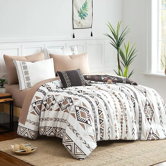 Quality Geniospin King Size Comforter Set- 7 Pieces Boho Bed in a Bag Western Bedding Set for All Seasons Reversible Aztec Bedding Lightweight Comforter Bed Set with Sheets Pillowcases amp Shams Natural