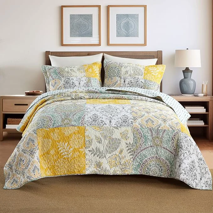 Optimized Secgo King Size Comforter Set- Cotton Quilt King Size Set Green Sage bedspreads 96 108 Inch with 2 Pillow Shams Patchwork Reversible Lightweight Bedding Elite
