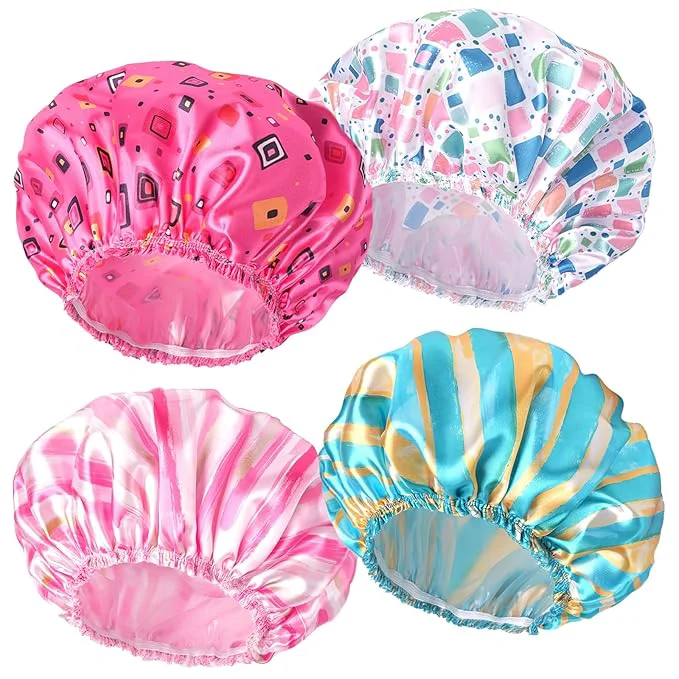 Pure 4 PCS Shower Cap for Women Elastic and Reusable Bath Caps Double Layers Trendy