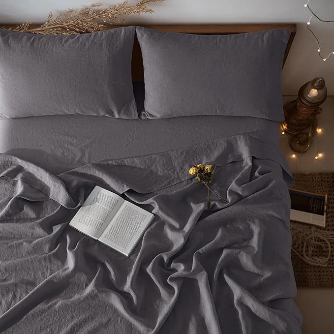 Innovative LBRO2M Pure Linen Sheet Set Deep Pocket Up to 16 quot Bed Sheets Sets Natural Flax Beddings Soft Breathable Comfortable for All Seasons Twin Size Dark Grey Dependable