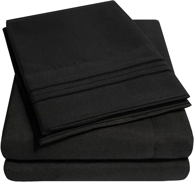 Relaxed 1500 Supreme Collection Extra Deep Pocket Sheets Set - Luxury Soft Bed Sheets Wrinkle Bedding Over 40 Colors 21 inch Extra Deep Pocket Full Black Pure