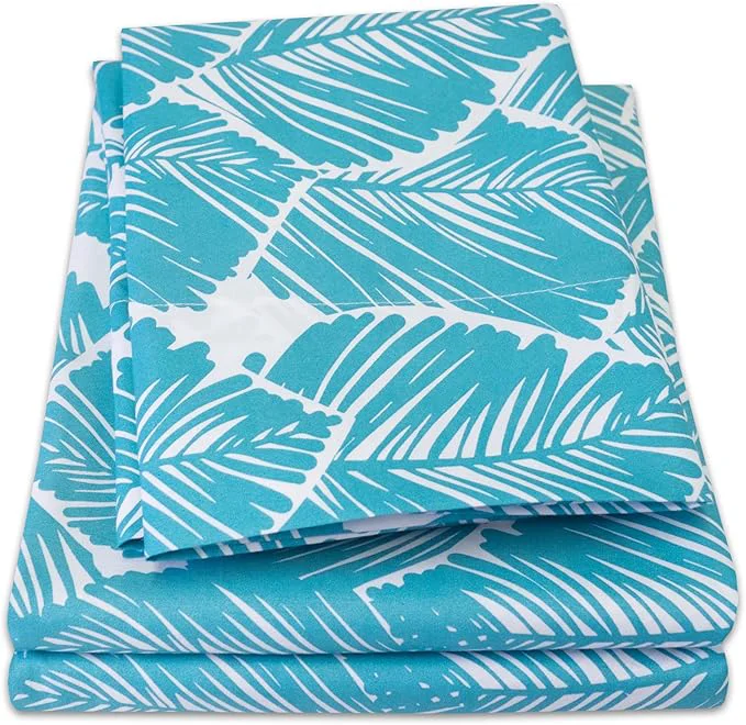 Breathable 1500 Supreme Collection Extra Soft Tropical Leaf Teal Pattern Sheet Set - Luxury Bed Sheets Set with Deep Pocket Wrinkle Bedding Printed Pattern High-Grade