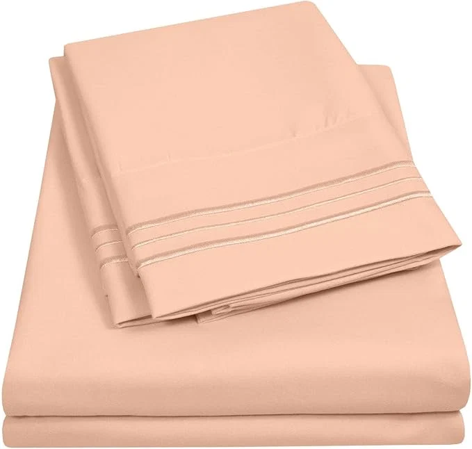 Recyclable King Size Sheet Set with Built-in Sheet Straps - Deep Pocket Fitted Sheet Flat Sheet amp Pillowcases - Soft Wrinkle- Secure Fit - Peach Professional