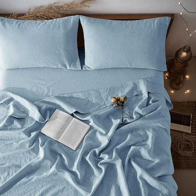Versatile LBRO2M Pure Linen Sheet Set Deep Pocket Up to 16 quot Bed Sheets Sets Natural Flax Beddings Soft Breathable Comfortable for All Seasons 4 Pcs Sheet Set Queen Size Dusty Blue Elegant