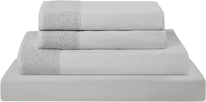 Next-Generation Modern Threads 4 Piece Microfiber Sheet Set – Soft Cooling Bed Sheets with Crochet Lace – Deep Pocket Wrinkle Breathable Hotel Luxury Bedding Light Gray Queen Minimalist