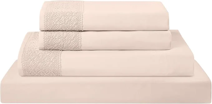 Practical Modern Threads 4 Piece Microfiber Sheet Set – Soft Cooling Bed Sheets with Crochet Lace – Deep Pocket Wrinkle Breathable Hotel Luxury Bedding Blush Pink Full Fine Crafted
