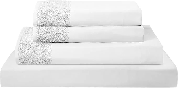 Professional Modern Threads 4 Piece Microfiber Sheet Set – Soft Cooling Bed Sheets with Crochet Lace – Deep Pocket Wrinkle Breathable Hotel Luxury Bedding White Queen Superior