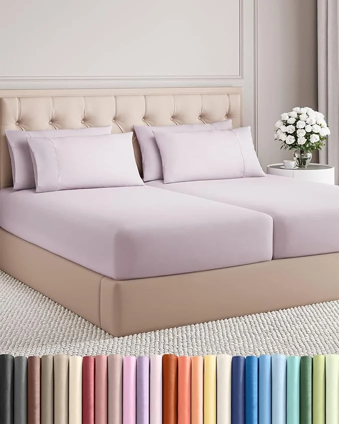 Traditional Split King 7 Piece Sheet Set - Comfy Breathable amp Cooling - Soft Hotel Luxury Bedding Set w 8-16 Inch Deep Pockets - 1 Flat amp 2 Fitted Sheet amp 4 Pillowcases - Cozy and Wrinkle - Light Lavender High-Grade