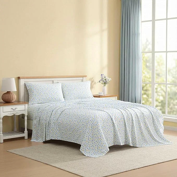 Modern Laura Ashley - Twin Sheet Set Crisp amp Cool Cotton Percale Bedding for Year Round Comfort Deep Pocket Bed Sheets with Matching Pillowcase Ditsy Doodle Blue Certified