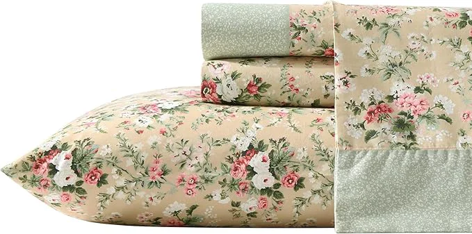 Trendy Laura Ashley - Full Sheet Set Breathable Percale Cotton Bedding with Deep Pockets Chic Home Decor Oeko-Tex Serene Dream Brown Full Expertly Made