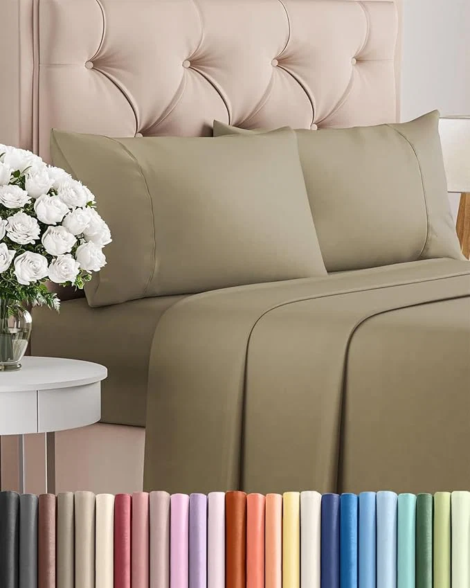 Long-Lasting Twin XL 4 Piece Sheet Set - Comfy Breathable amp Cooling - Ultra Soft Hotel Luxury Bedding Set w 8-16 Inch Deep Pockets - 1 Flat amp 1 Fitted Sheet amp 2 Pillowcases - Wrinkle and Easy Care - Khaki Organic