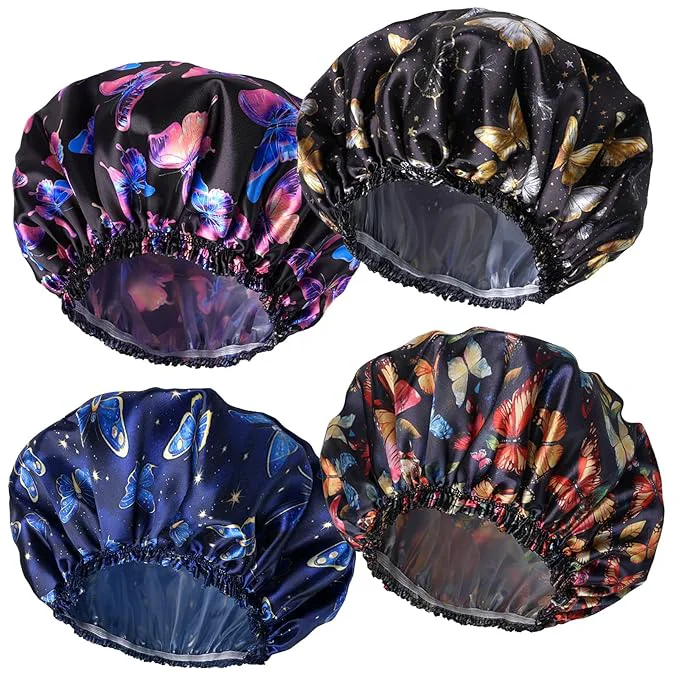 Premium 4 PCS Shower Cap for Women Elastic and Reusable Bath Caps Double Layers Organic