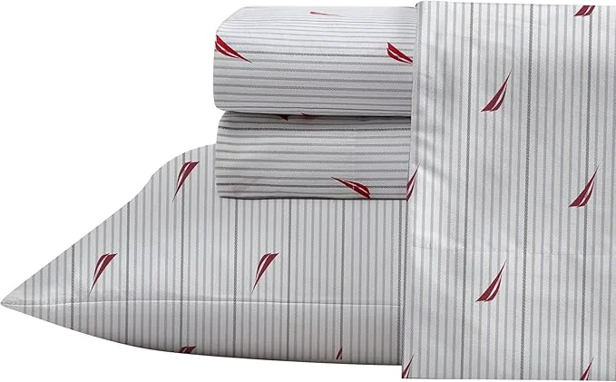 Secure Nautica- Queen Size Sheet Set Crisp amp Tailored Cooling Sheets with a Smooth Cotton Percale Lightweight Feel - Bed Sheets with Matching Pillowcases amp Fitted Sheet Audley Stripe Red Versatile