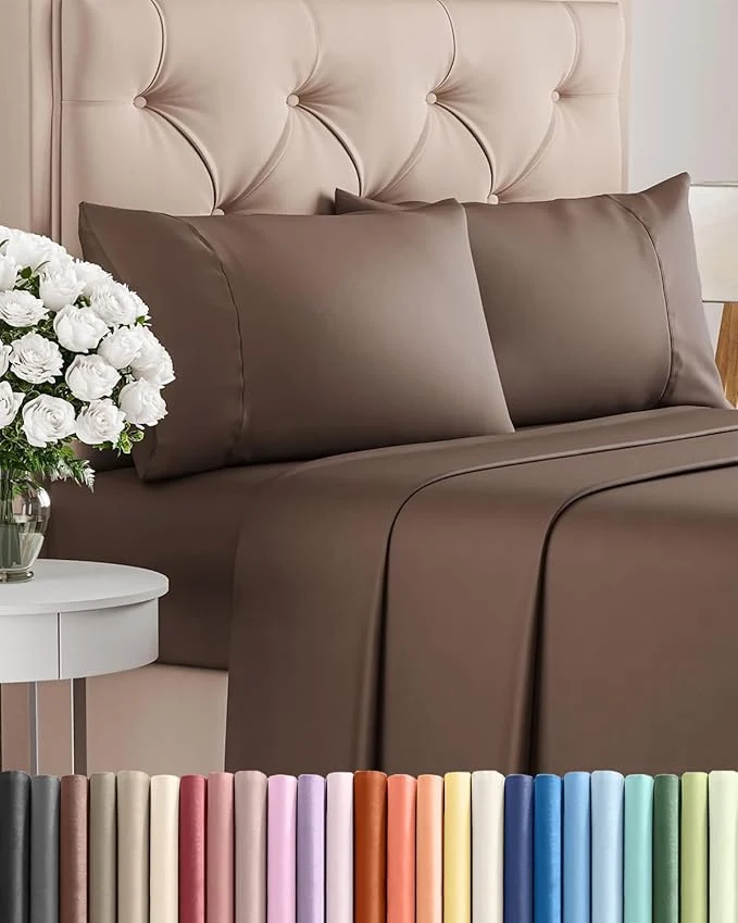 Lightweight Twin XL 4 Piece Sheet Set - Comfy Breathable amp Cooling - Ultra Soft Hotel Luxury Bedding Set w 8-16 Inch Deep Pockets - 1 Flat amp 1 Fitted Sheet amp 2 Pillowcases - Wrinkle and Easy Care - Brown Long-Lasting