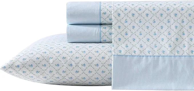 Durable Laura Ashley - Sheet Set Breathable Percale Cotton Bedding 200 Thread Count Deep Pocket Chic Home Decor Kate Blue Queen Detailed